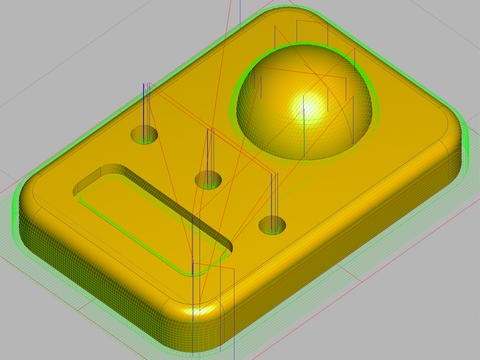 Unified finishing toolpath in MeshCAM on a sample part with a dome, slot, and holes